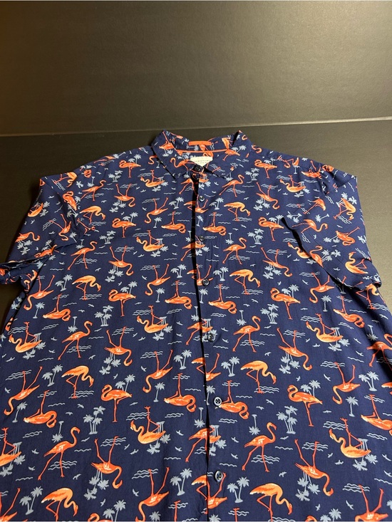 Denim & Flower Other - Denim & Flower Navy Button-Down Shirt with Orange Flamingo Print